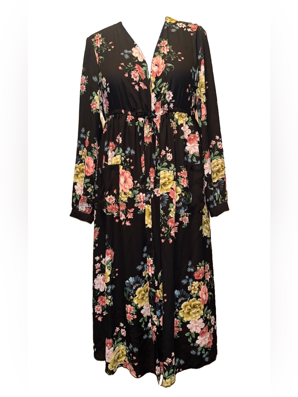 torrid Black Floral Maxi Kimono with Tie Waist, side slits and Long Sleeves